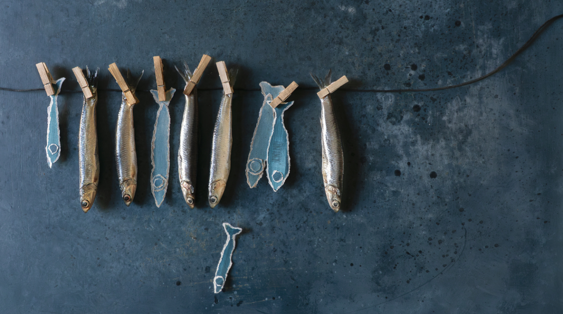 Acciughe fresche e sagome di pesce azzurre appese con mollette da bucato in legno a un filo, disposte su uno sfondo materico blu scuro.