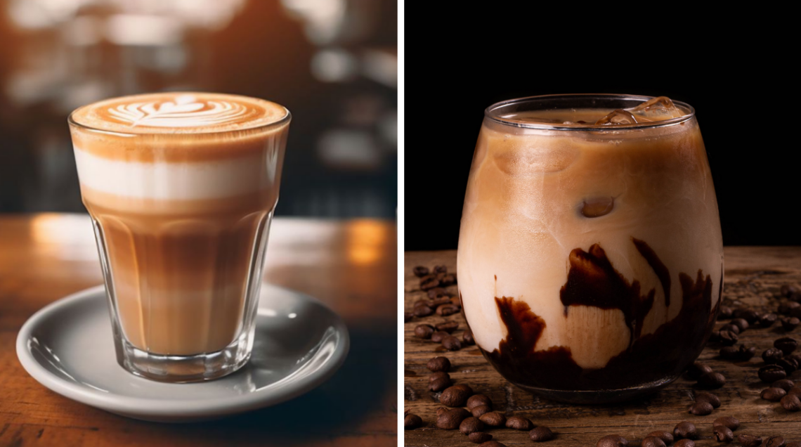 A sinistra un bicchiere trasparente su piattino da caff&egrave; contenente latte macchiato. A destra un bicchiere trasparente contenente un caff&egrave; marocchino