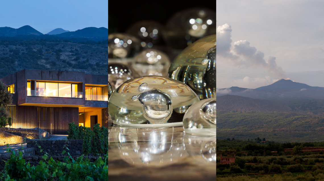 Collage sull'Etna con l'architettura moderna della cantina Pietradolce, l'installazione artistica Pietre d'Acqua in vetro di Murano e il vulcano sullo sfondo. 