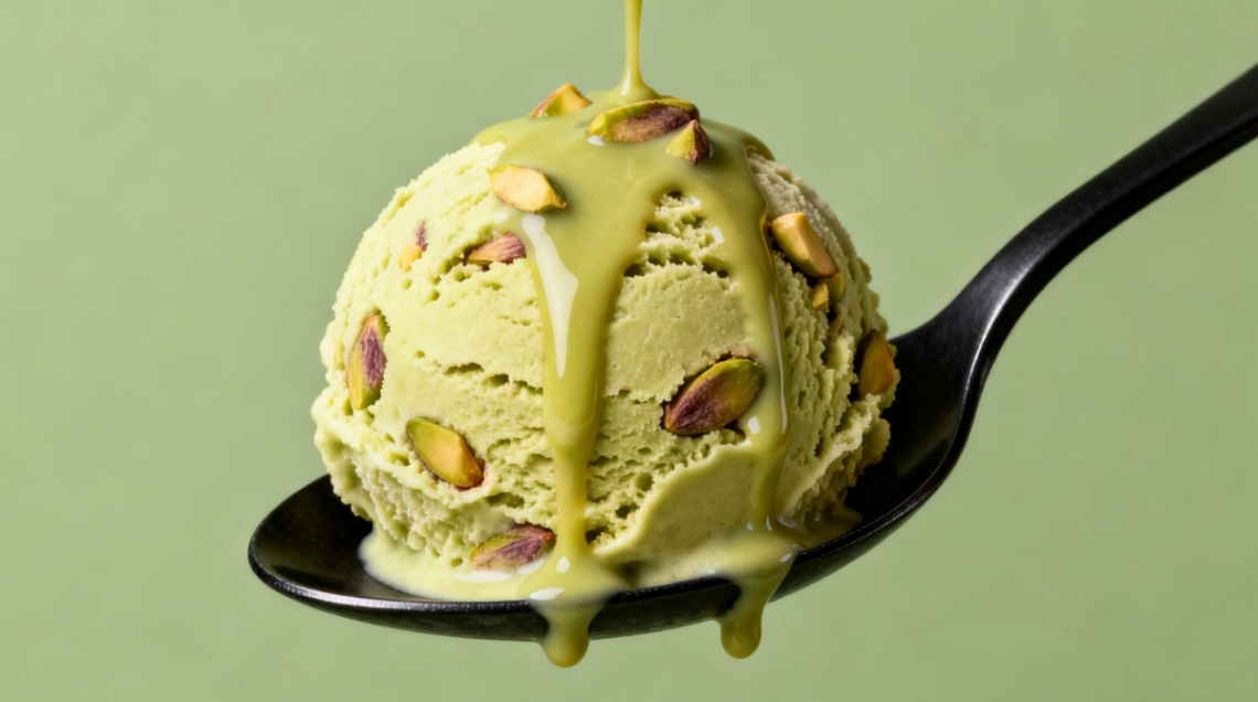 Pallina di gelato al t&egrave; macha e pistacchio, sul cucchiaio