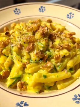 caserecce cremose con zucchine, formaggio, zafferano e noci