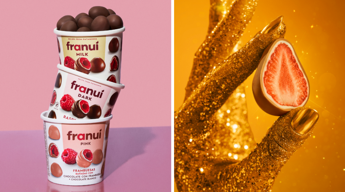 Collage di due foto: a sinistra la gamma completa di franui al lampone, a destra il nuovo gusto franui gold, un cuore di fragola ricoperto da un doppio strato di cioccolato bianco e cioccolato al caramello