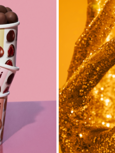 Collage di due foto: a sinistra la gamma completa di franui al lampone, a destra il nuovo gusto franui gold, un cuore di fragola ricoperto da un doppio strato di cioccolato bianco e cioccolato al caramello