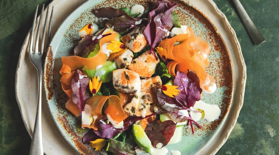 insalata bull blood su piatto fondo moderno con forchetta a sinistra