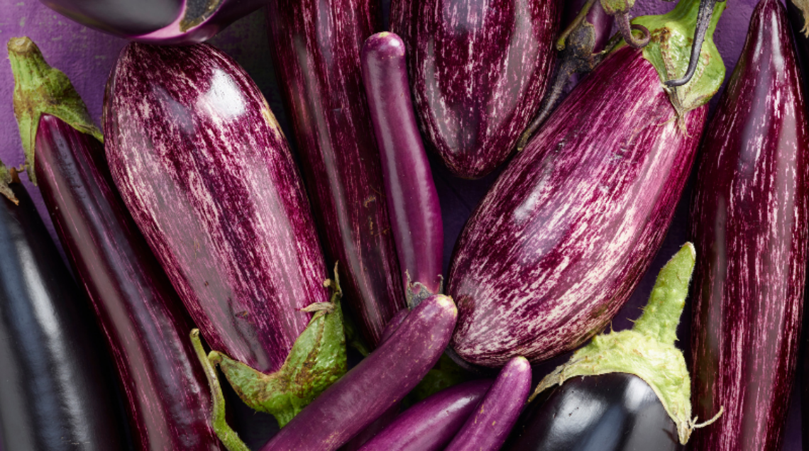 Diverse varietà di melanzane sono disposte in maniera casuale su sfondo viola