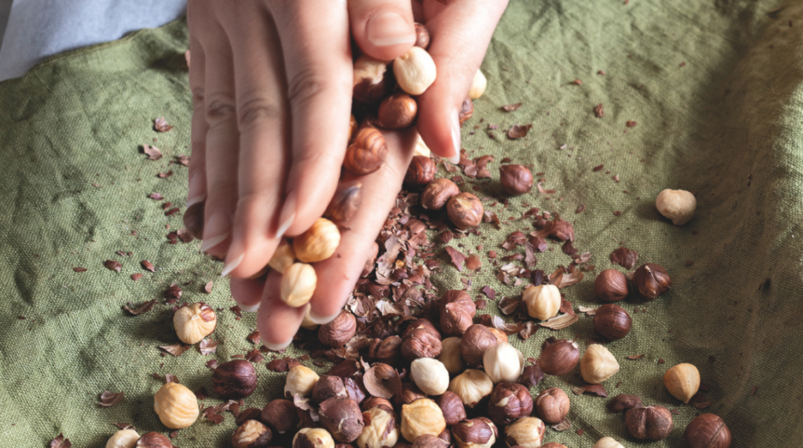 Un panno di lino verde con sopra nocciole sgusciate e tritate, mentre due mani le raccolgono
