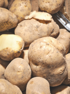 Una cassetta di legno piena di patate terrose. Una di queste è stata parzialmente pelata e c'è un pelapatate con manico in legno a destra.