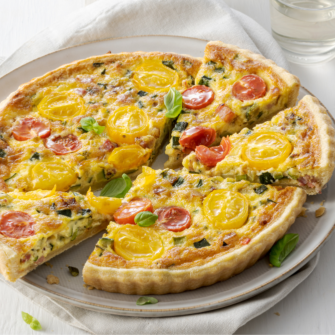 Quiche con zucchine, ciliegini colorati e pancetta