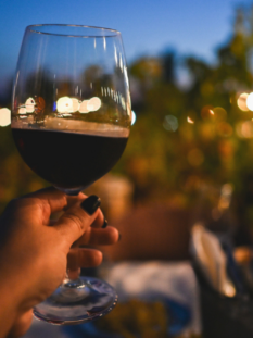 Un calice di vino rosso tenuto in mano con sfondo romantico di un giardino con lucin