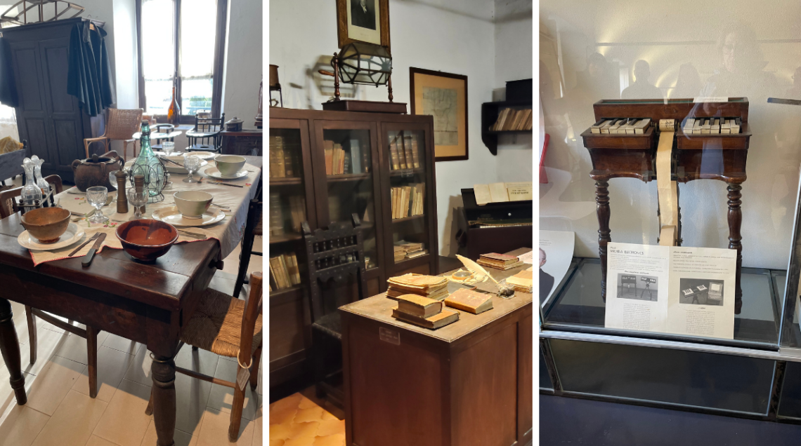 Dal Museo N&ograve;ssi R&agrave;is: La stanza che espone oggetti da cucina, la macchina Michela e lo studio di Carlo Botta