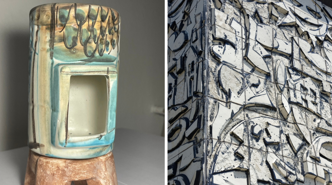 Una piccola stufa in ceramica come souvenir e la grande stufa di Ugo Nespolo in piazza della Repubblica