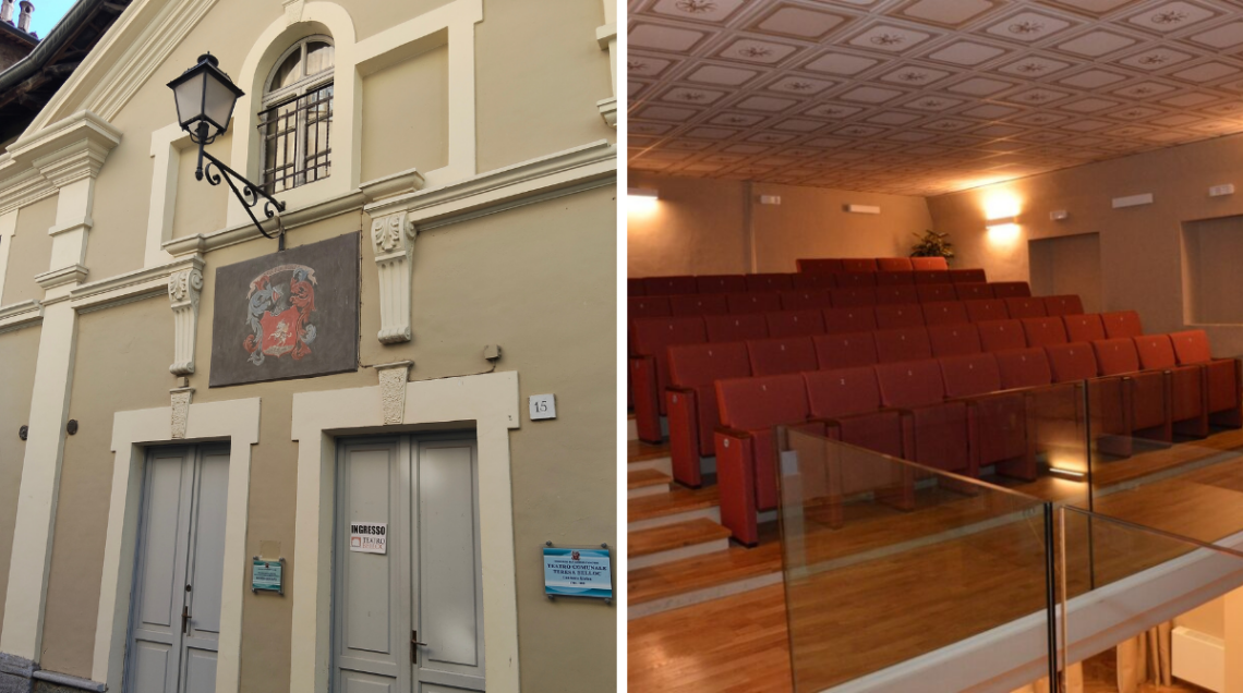Due foto del teatro Belloc: a sinistra l'entrata del teatro, a destra la porta superiore con sedute rosse