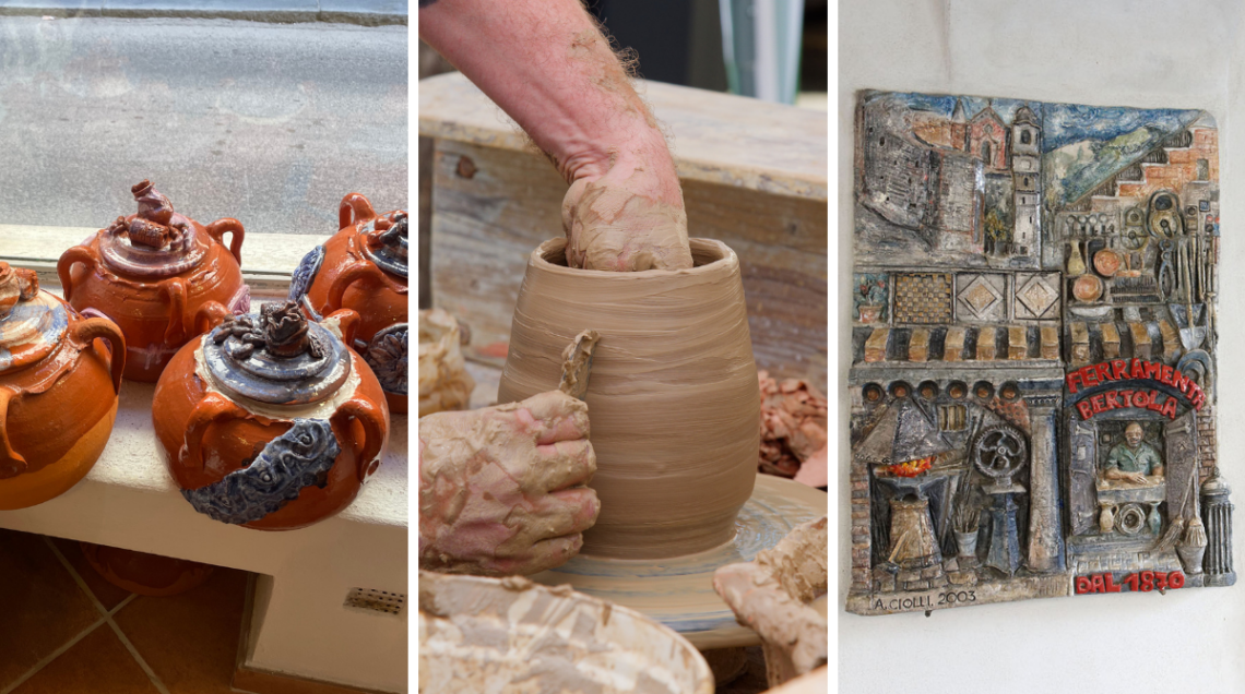 Le splendide Tofeje, pentole tipiche di Castellamonte, un laboratorio artigiano all&rsquo;opera e un&rsquo;insegna di un negozio realizzata in ceramica