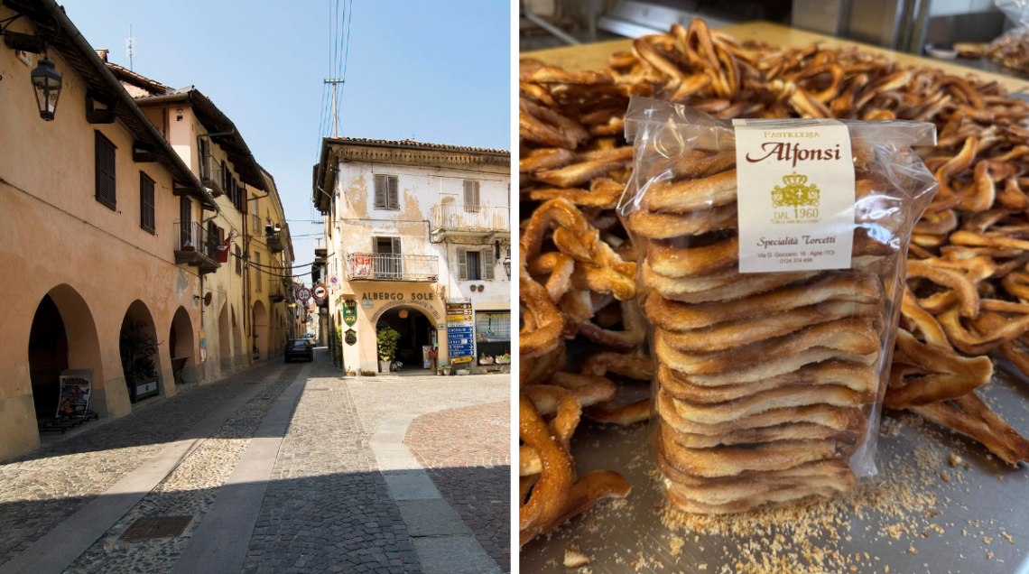 A sinistra il centro storico di Agli&egrave; con i portici medioevali, a destra i torcetti