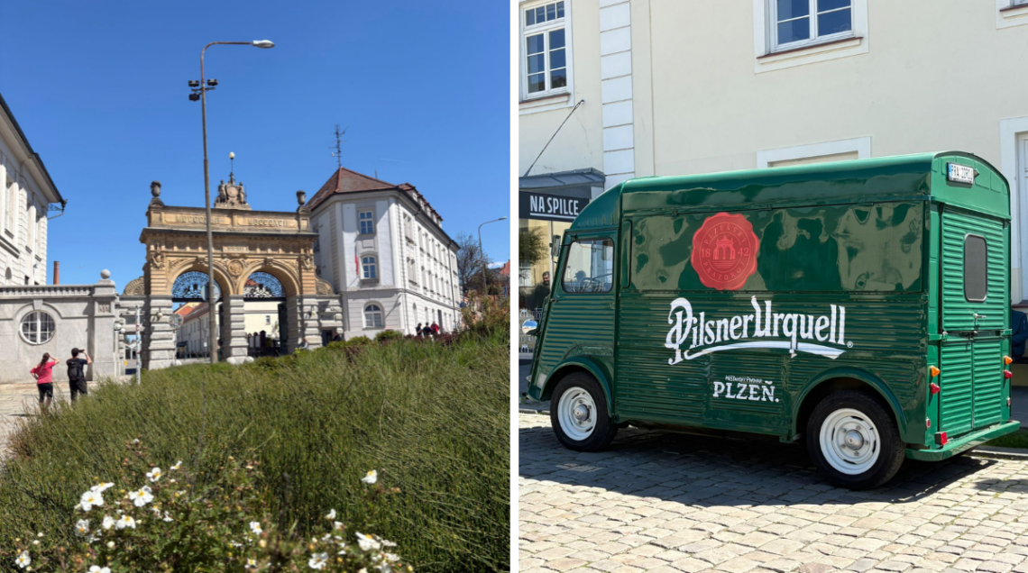 A sinistra il monumentale Pivovar Gate (Porta del Birrificio), l'iconico arco di trionfo d'ingresso al celbre Birrificio Pilsner Urquell. A destra il camioncino della Pilsner