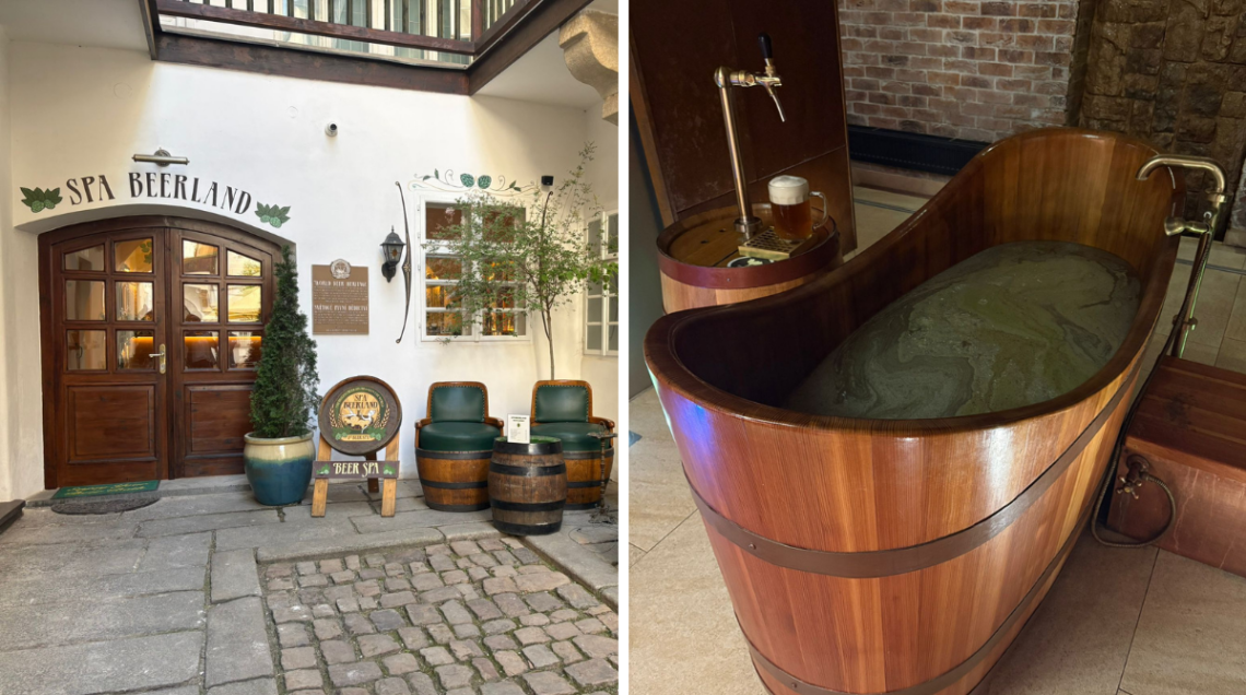 A sinistra l'ingresso della SPA alla birra, a destra la tinozza in cui fare il bagno (riempita con birra ovviamente)