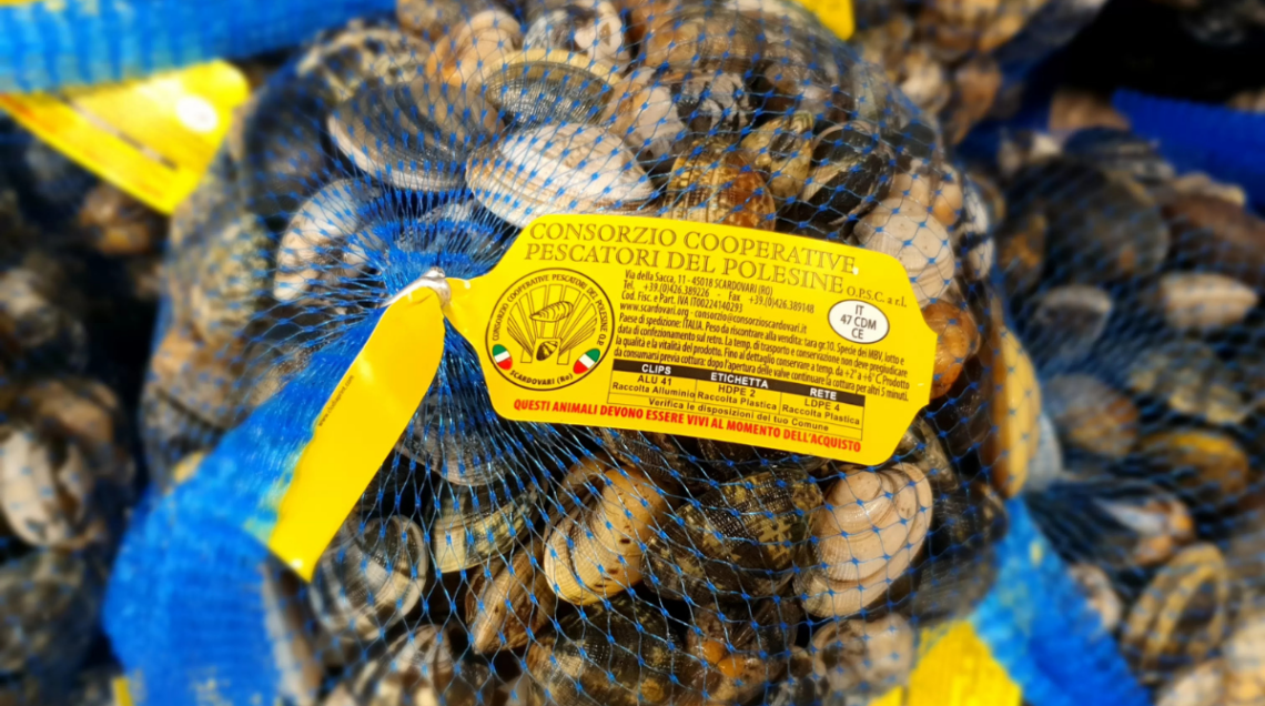 Delle cozze del Consorzio cooperative pescatori del Polesine all'interno di un sacchetto a rete.
