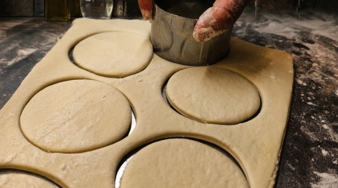 pasta delle tigelle viene coppata da un coppapasta