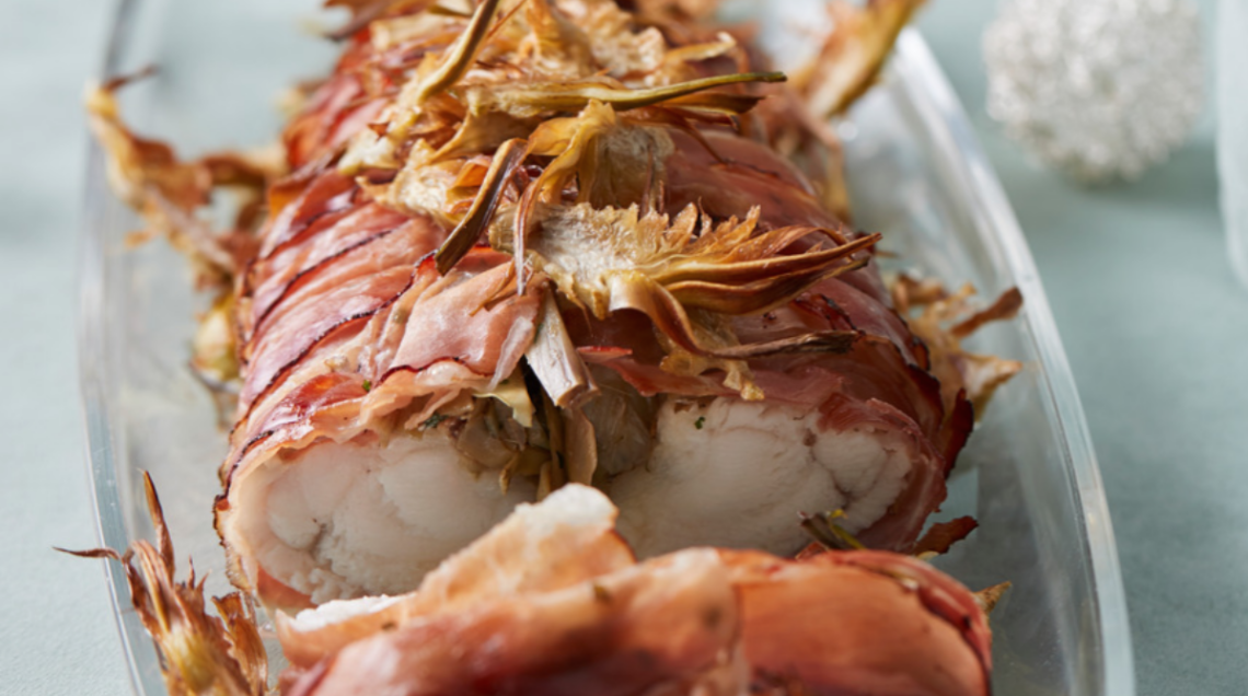 rana pescatrice ai carciofi e speck