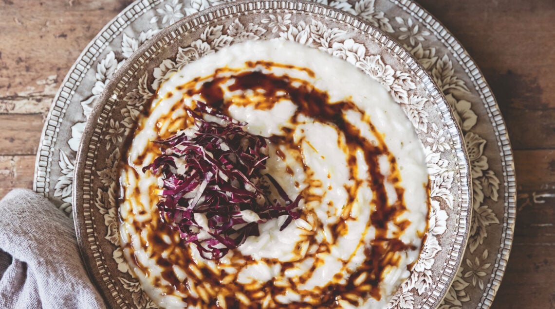 Risotto al taleggio con mosto d'uva e radicchio precoce