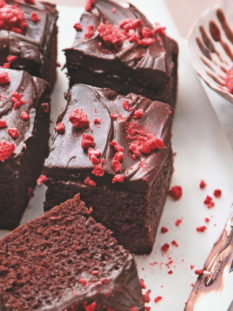 Brownies al cioccolato e caffè con briciole di lamponi tagliati a quadrotti