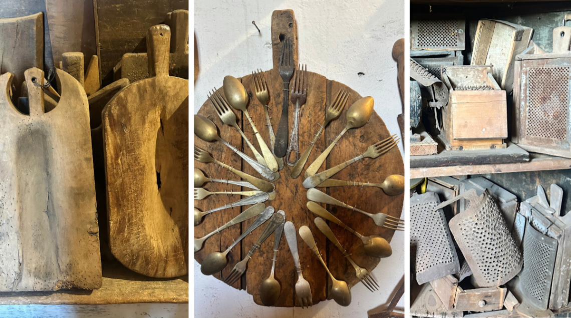 3 immagini raffiguranti degli oggetti della cucina: taglieri di legno a sinistra, posate in centro e grattugie a destra