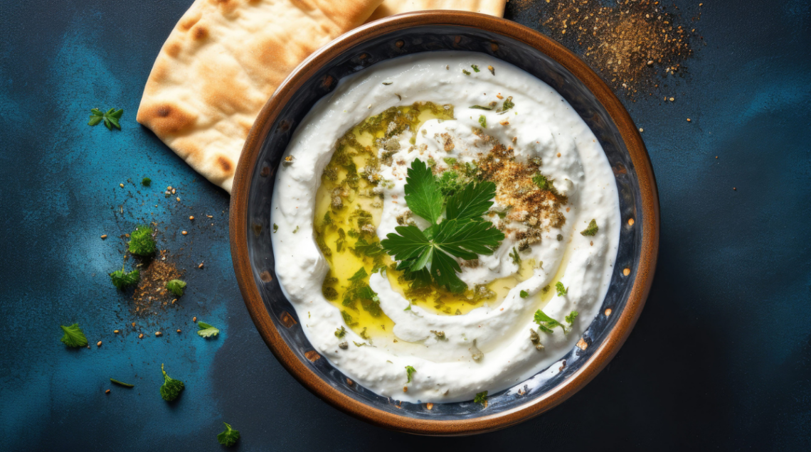 Ciotola con dip di yogurt, un filo d'olio e za'atar, con accanto fettine di pane pita