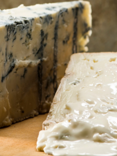 due pezzi di gorgonzola su un tagliere di legno
