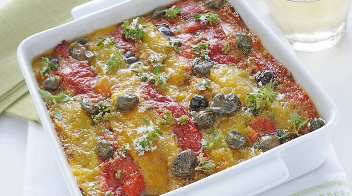 Gratin di peperoni con olive e capperi