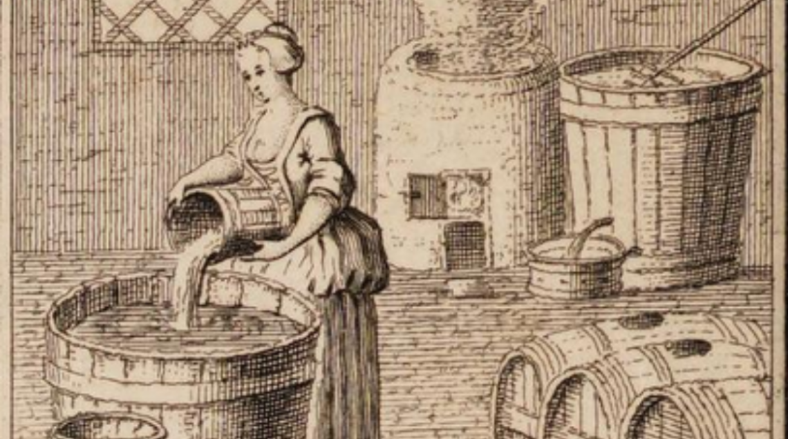 Illustrazione di una casalinga che produce birra in casa, nel 1736