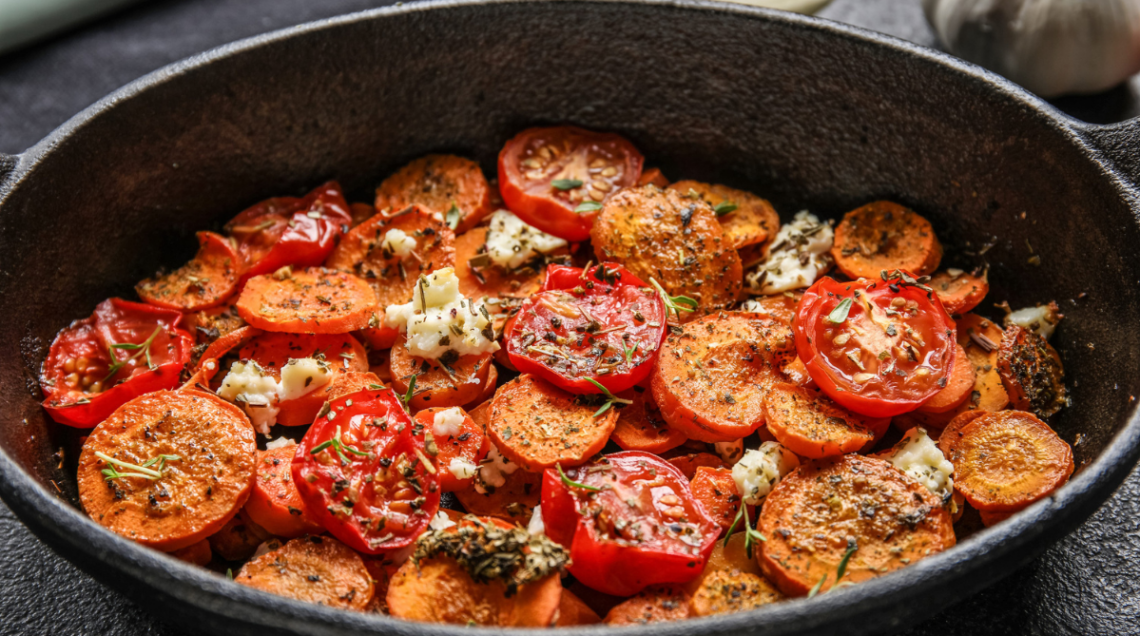 Teglia di pomodori tagliati a met&agrave;, conditi con olio, aglio e za'atar e cotti al forno