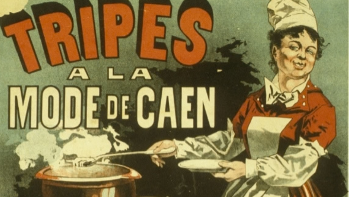 Manifesto pubblicitario del 1880 con casalinga che cucina le Tripes &agrave; la mode de Caen