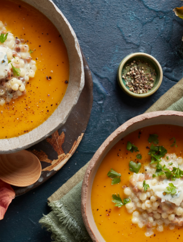 Vellutata di zucca violina con fregola al gorgonzola