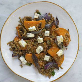 ZUCCA BUTTERNUT ARROSTITA CON LENTICCHIE E GORGONZOLA, cipolla e menta