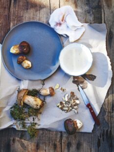 Funghi porcini da pulire e già puliti con coltellino e pezzuola