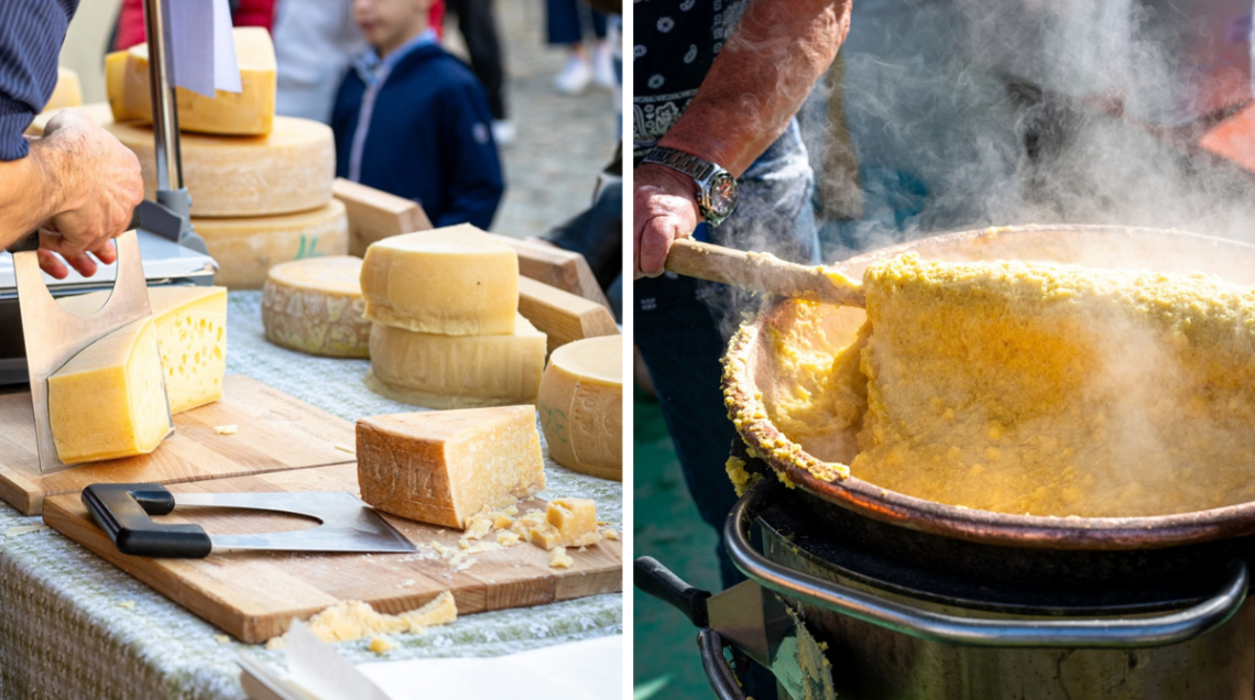 sulla sinistra i formaggi di malga, a destra un paiolo con polenta