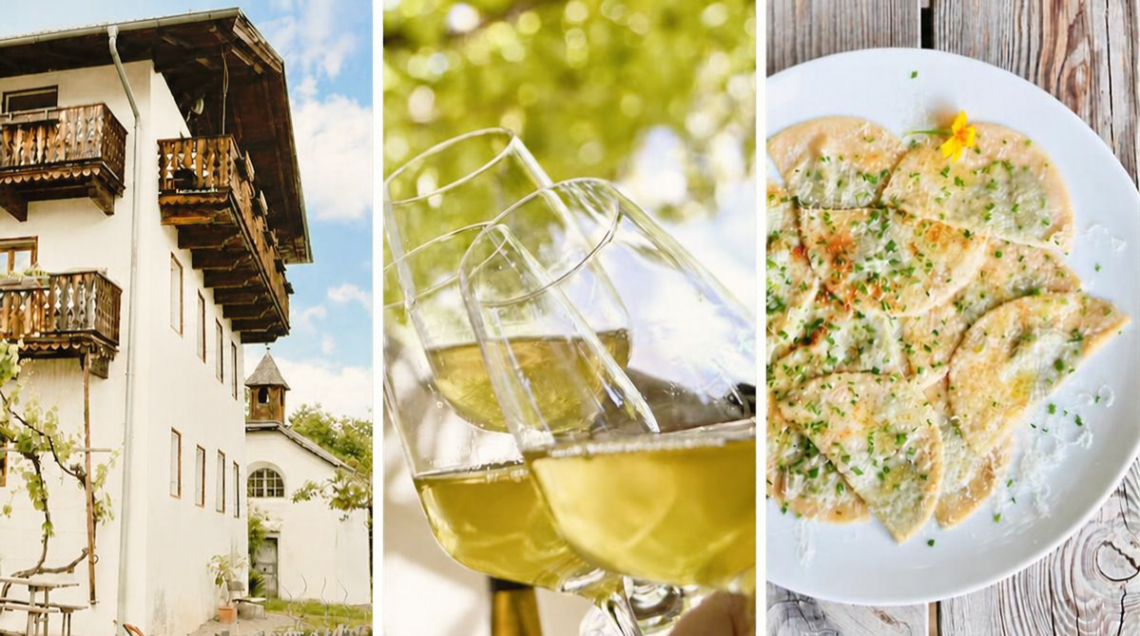 Tre foto: a sinistra un agriturismo, in centro dei vini piwi e a destra un piatto tipico altoatesino