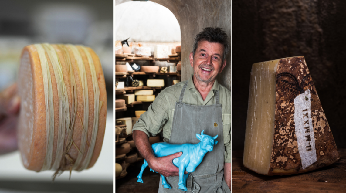 tre foto: a sinistra un formaggio tipico, in centro il proprietario del maso che tiene in mano una statuetta a forma di mucca azzurra e a destra un altro formaggio