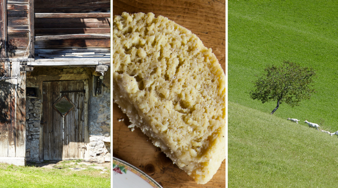A sinistra un maso, in centro un formaggio d'alpeggio e sulla destra delle capre scorrazzano in un prato