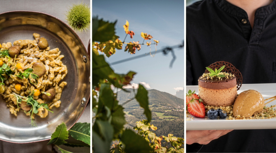 Tre foto del ristorante Taubers Unterwirt: a sinistra un primo piatto, in centro un paesaggio e a destra un dolce