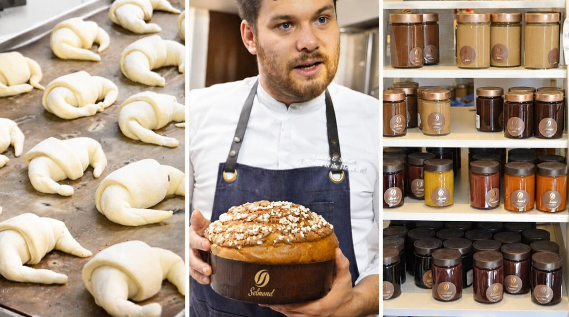 tre foto del forno Sellemond: a sinistra dei croissant pronti per essere infornati, in centro un panettone alla castagna e a destra dei prodotti a scaffale