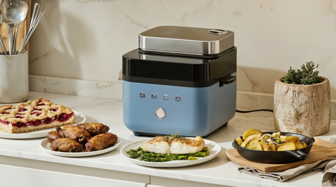 Un piccolo elettrodomestico smeg (la friggitrice ad aria) azzurro sul piano di una cucina, circondato da focaccia, biscotti e tante altre golosità