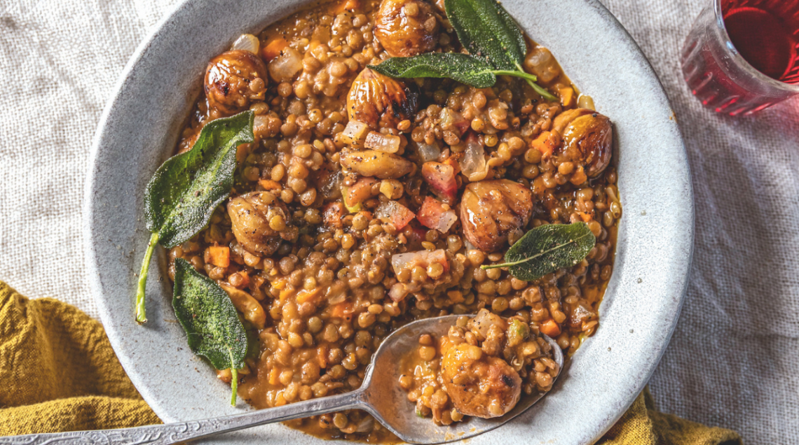 Zuppa di lenticchie e castagne arrostite