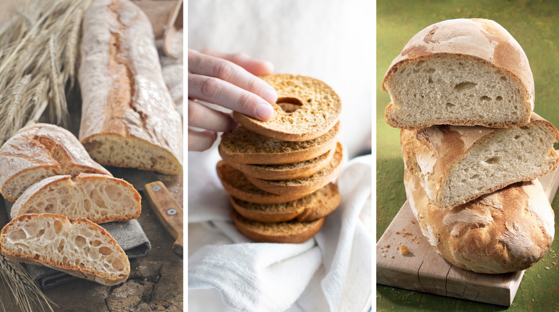 tre tipi di pani che si abbinano perfettamente a zuppe e minestre: ciabatta, friselle e pane toscano