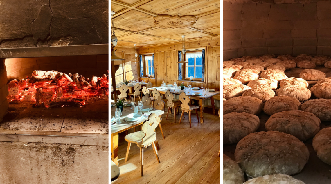 Tre foto: a sinistra il forno con il fuoco, in centro la sala da pranzo del maso e a destra tante pagnotte di pane in forno