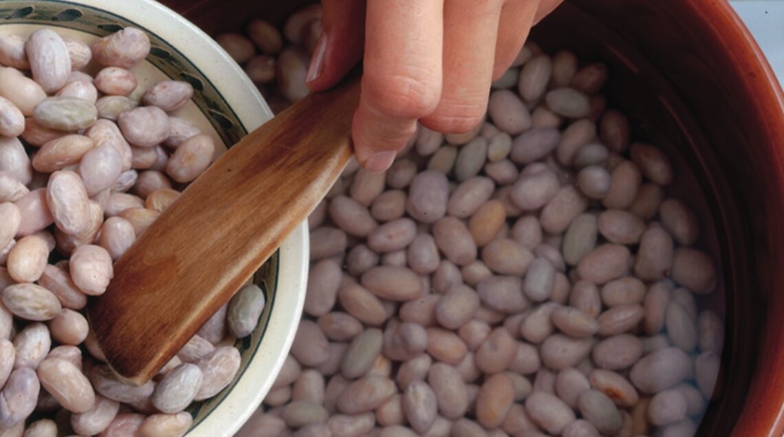 fagioli gi&agrave; ammollati in una pentola di coccio