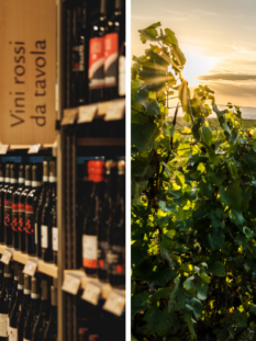 a sinistra un ricco scaffale del supermercato con bottiglie, a destra dei vigneti