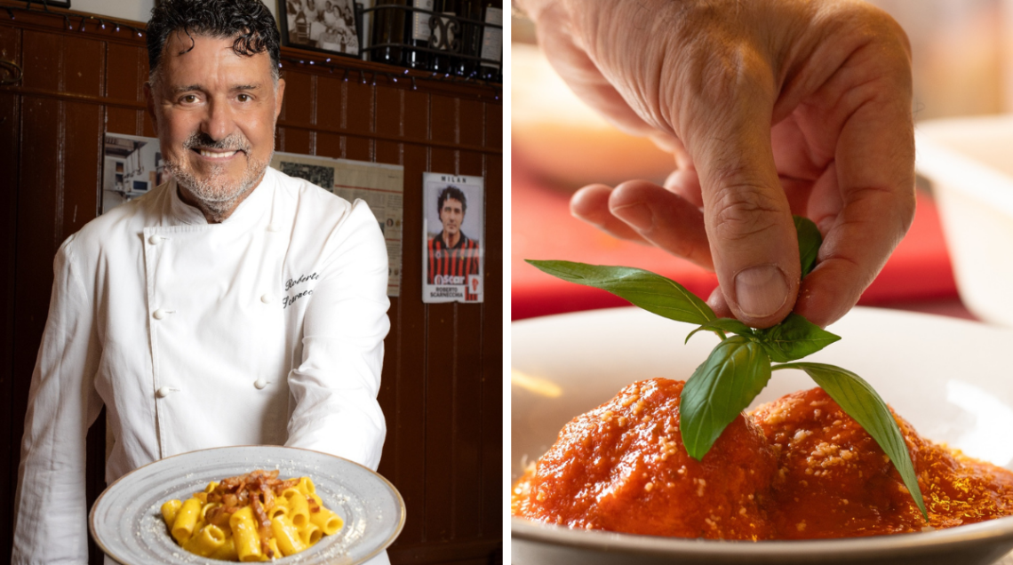 sulla sinistra Roberto Scarnecchia di Trattoria della Stampa, sulla destra un piatto di polpette della Trattoria