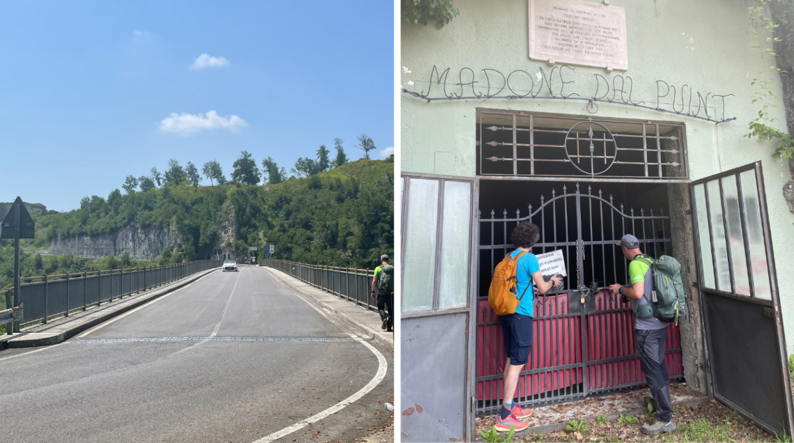 Il ponte di Pinzano ricostruito nel 1970 e il bunker con la lapide dedicata al capitano Moggio e ai suoi soldati