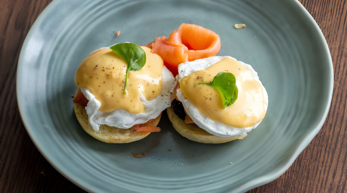due uova alla Benedict servite su un piatto azzurro con salmone affumicato
